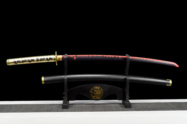 Handcrafted 1060 carbon steel samurai sword with wooden saya, unsheathed.