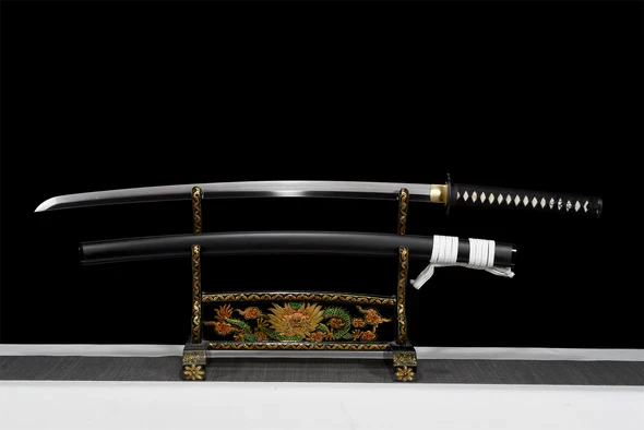 Full-length Honjo Masamune Katana sheathed in lacquered saya, legendary Japanese samurai sword replica