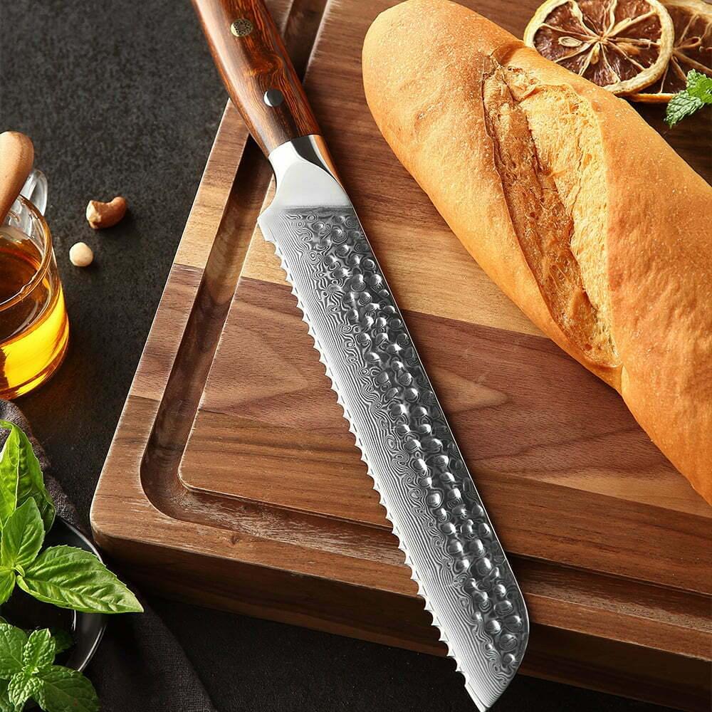 Damascus Bread Knife With Desert Iron Wood Handle