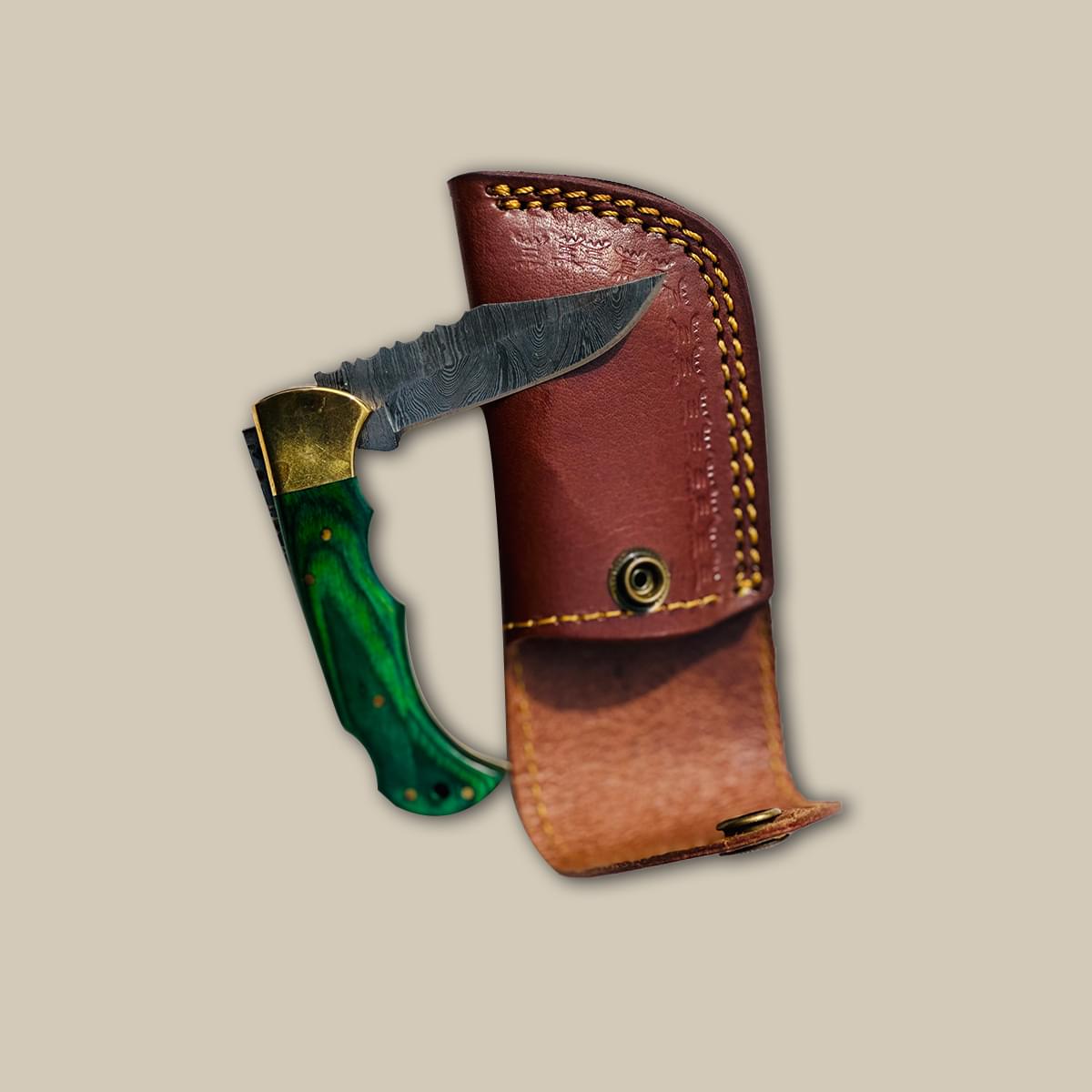 Damascus Steel Folding Pocket Knife with Sheath - Green Wood